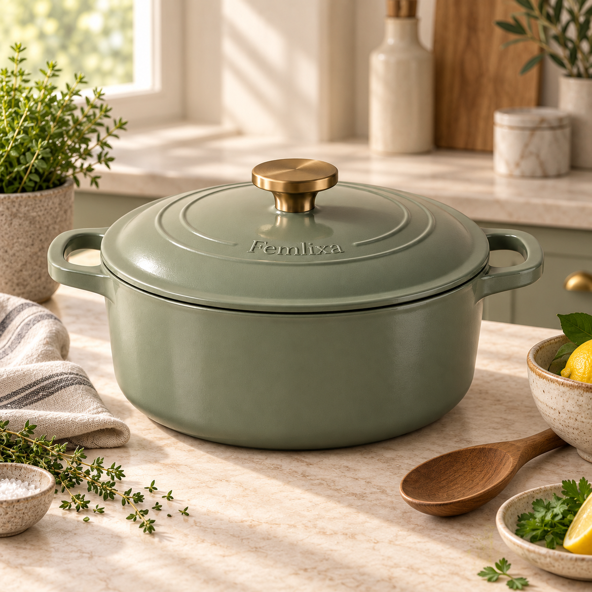 Femlixa Arden Sage Enamel Cast Iron Casserole